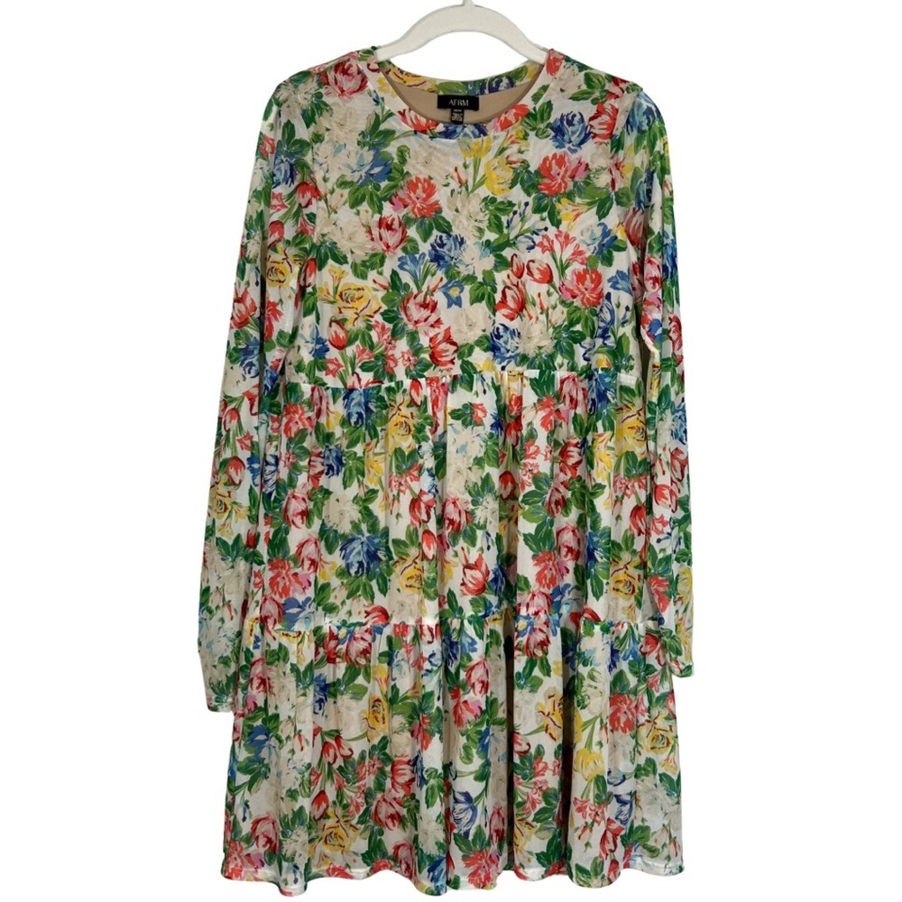 AFRM Floral Mesh Babydoll Mini Dress Cottagecore Tiered Long Sleeve Medium